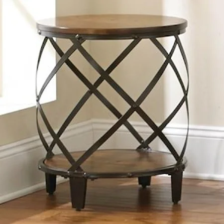 Industrial Round End Table with Metal Frame and Birch Hardwood